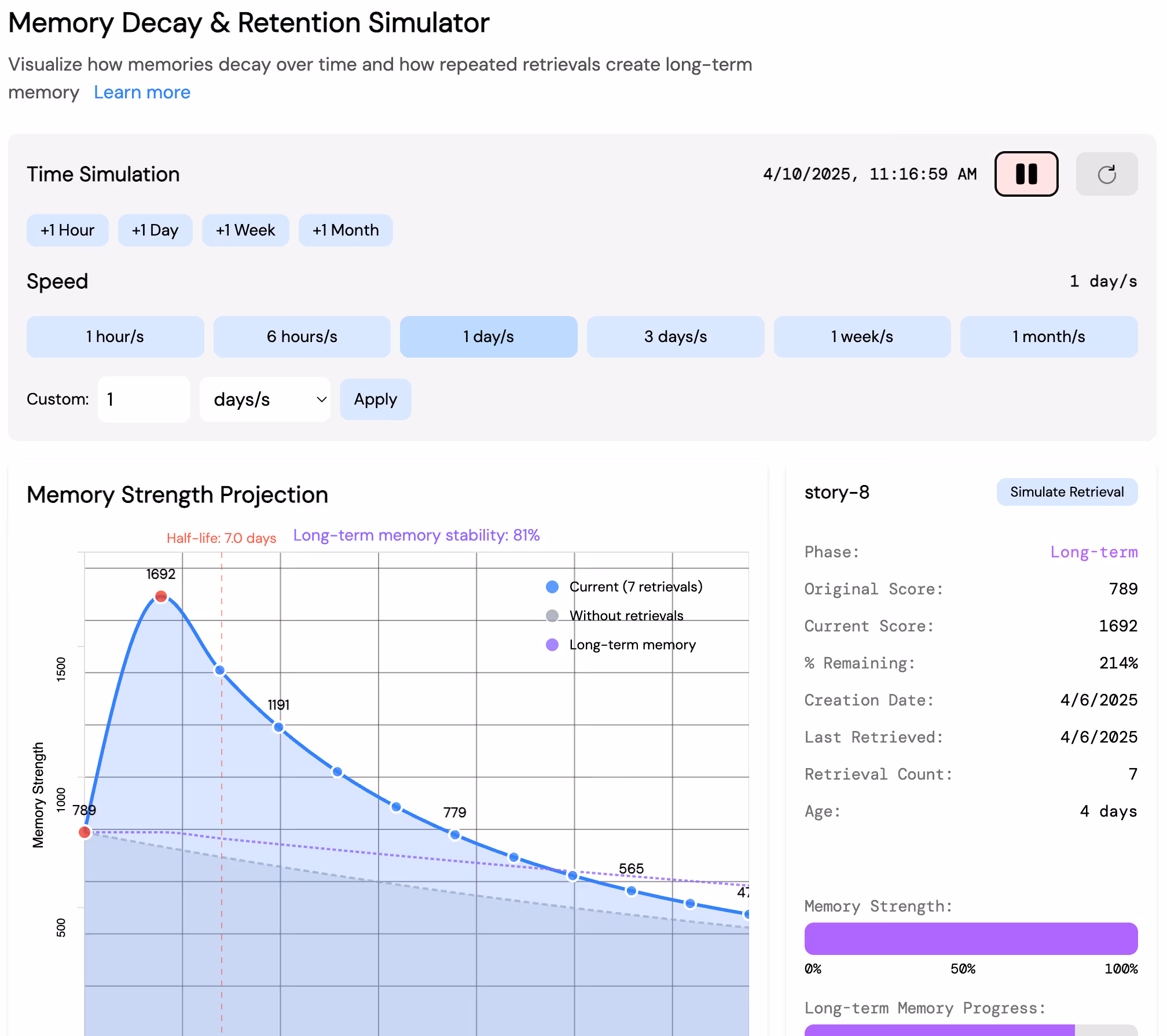 memory decay & retention simulation